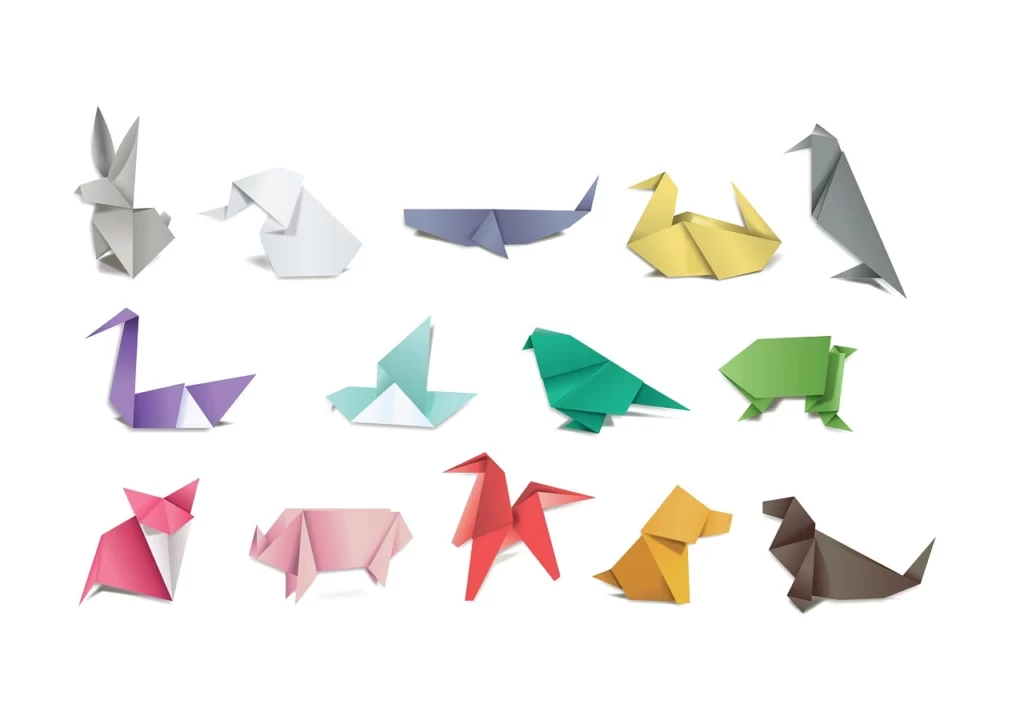 Distintas figuras de animales en origami.